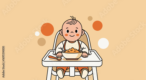A Happy Infant Enjoys Mealtime in a Child's High Chair with Orange Tones