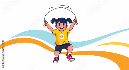 A happy little girl is jumping rope with joy to exercise and stay healthy