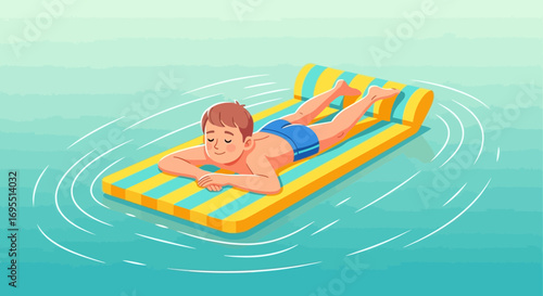 A happy man relaxing on a pool raft in the water enjoy the summer holiday