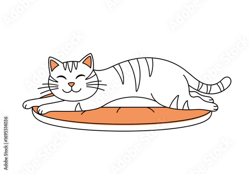 Whimsical cartoon illustration of a happy striped cat relaxing on a soft round pillow in a playful style