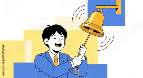 A happy man ringing a bell representing a successful achievement or announcement