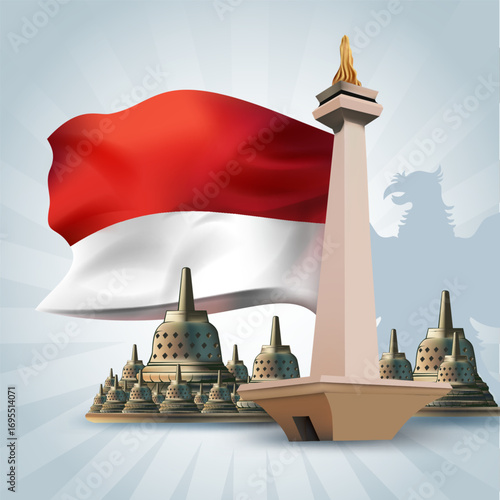 vector drawing of borobudur temple and indonesia national monumen, red white flag