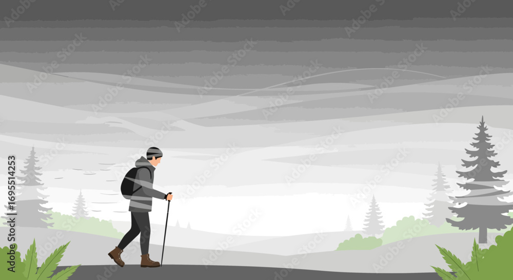 Obraz premium A Hiker Explores A Serene Mountain Vista Amidst A Misty And Overcast Environment