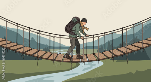 A hiker crosses a suspension bridge over a river representing adventure and risk