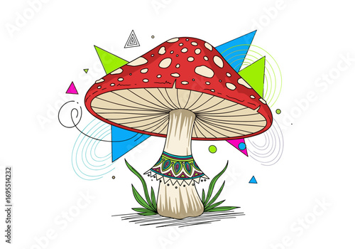 Vibrant geometric mushroom illustration with abstract background elements and decorative base