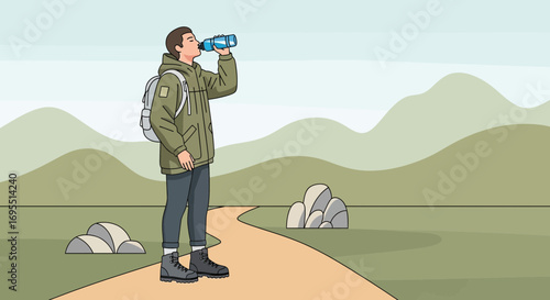 A Hiker Drinking Water While Enjoying the Serene View of the Mountainous Landscape
