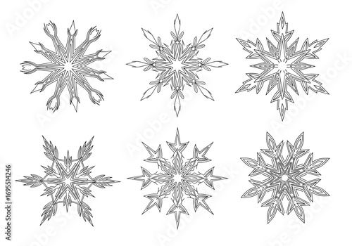 Intricate ornamental snowflake designs featuring complex geometric patterns ideal for winter decorations