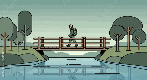 A Hiker Crosses A Wooden Bridge Over a Tranquil River Amidst Lush Greenery