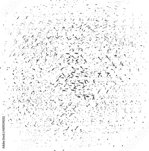 Monochrome texture composed of irregular graphic elements. Overlay for interesting effect and depth.  Distressed uneven grunge background. Abstract vector illustration. Isolated on white background.