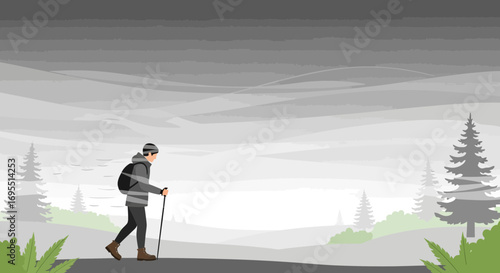 A Hiker Explores A Serene Mountain Vista Amidst A Misty And Overcast Environment