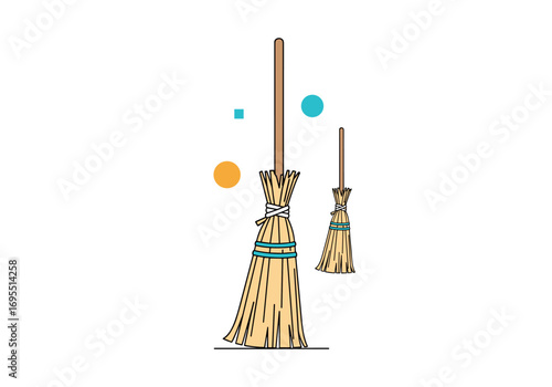 Traditional straw broom with wooden handle and decorative bands for cleaning and household chores