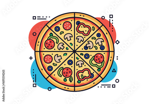A delicious whole pizza with various toppings divided into eight slices for sharing