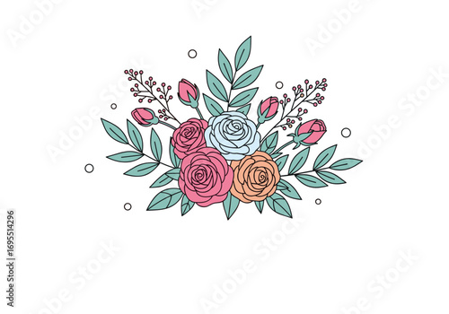 A delicate bouquet of softly colored roses and green leaves adorned with small white dots