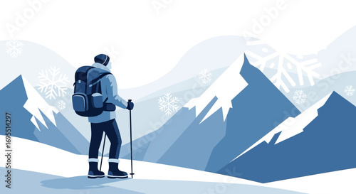 A Hiker in a Snowy Mountain Landscape, Exploring and Enjoying Winter Scenery