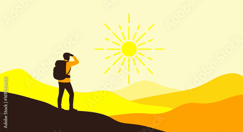A Hiker Observing The Sunset In The Desert, Outdoor Adventure Concept Illustration