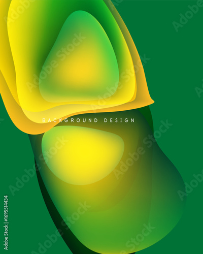Abstract gradients, vibrant yellow, green hues. Fluid shapes overlap creating dynamic visual effect. Modern design element.
