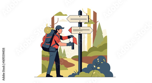 A hiker pointing the way on a trail with a signpost in the forest vector image