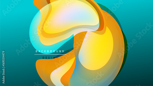 Abstract flowing shapes, vibrant colors blend. Yellow, orange, turquoise create dynamic visual effect. Modern design element.