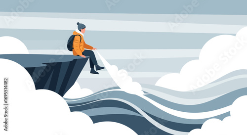 A Hiker Perched on a Cliff Observing a Breathtaking Panorama of Sky and Clouds