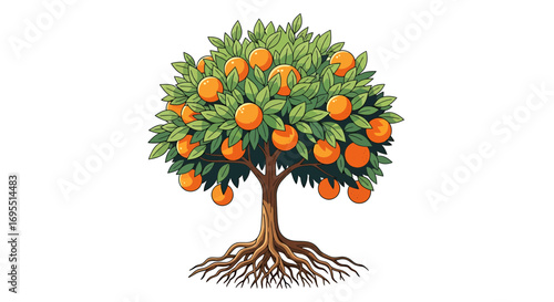 Illustration Vector SVG Design of Orange Tree with Fruits and Roots Organic Style