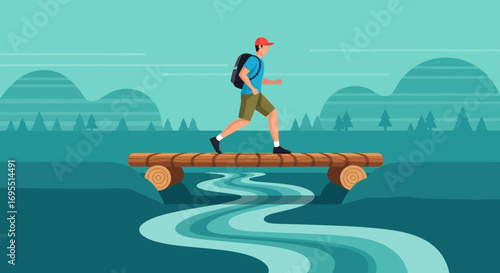 A Hiker Progressing Across a Simple Log Bridge Amidst the Verdant Landscape