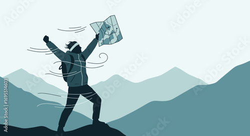 A hiker triumphantly holds a map on a mountain peak, symbolizing adventure
