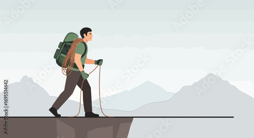 A hiker walking across a narrow path in the mountains representing risk and adventure