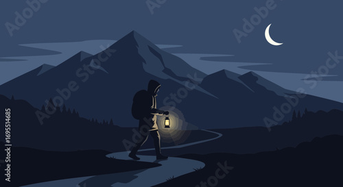A hiker walking in the night with a lantern on a mountain trail