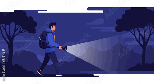 A hiker walking in the dark with backpack and flashlight searching the way to go