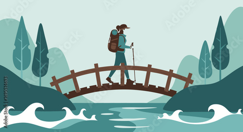 A hiker walks across a wooden bridge vector illustration in a nature landscape
