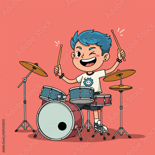 Cartoon child with blue hair smiling while playing a drum set, wearing a white gear-print shirt, blue shorts, and white shoes, set against a coral background.