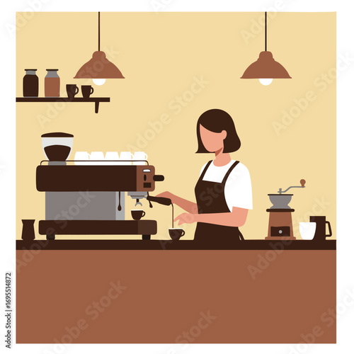 Illustration of a barista making coffee in a cafe with an espresso machine.