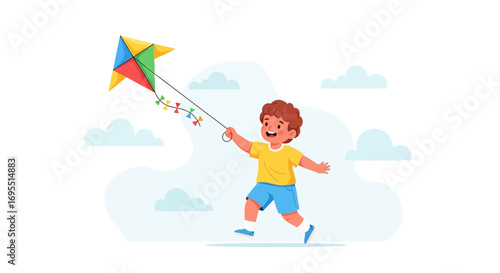 A Joyful Child Flies a Colourful Kite Happily in a Bright Summer Sky