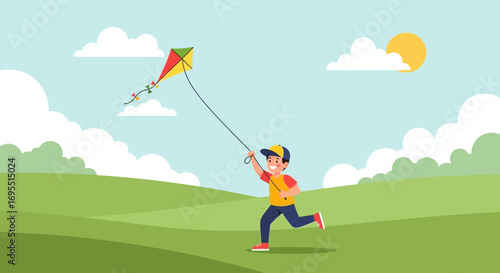 A joyful depiction of a child running and flying a colorful kite on a sunny day