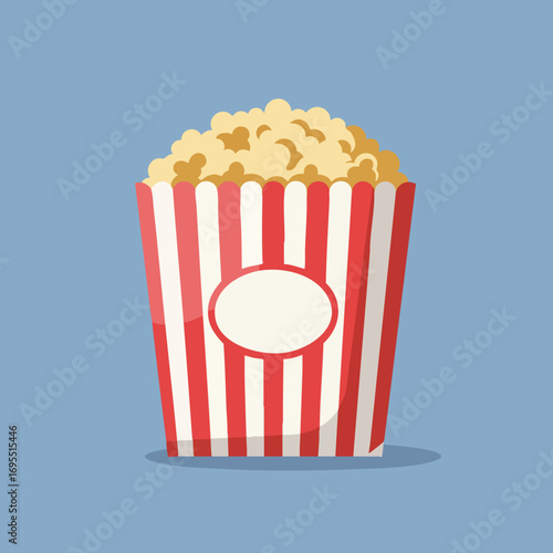 A cartoon illustration of a popcorn bucket, filled with fluffy, delicious popcorn, on a blue background.