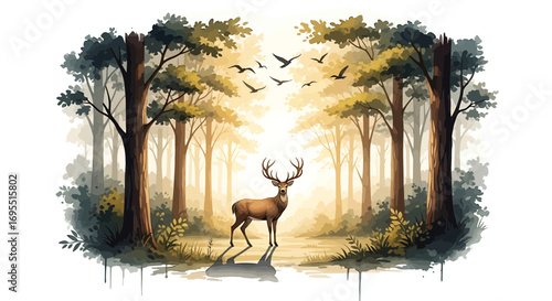 Illustration Vector SVG Design featuring a deer in a forest with trees and birds in a natural outdoor scene