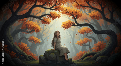 Illustration Vector SVG of Girl in Autumn Forest with Trees and Leaves in Oranges and Browns Elegant Design