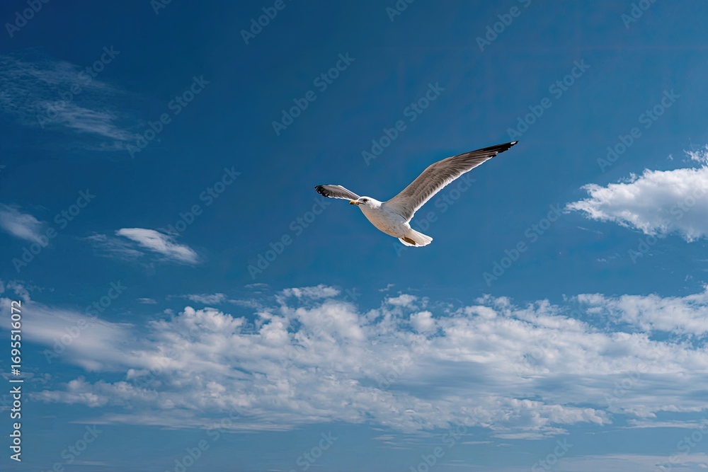 Fototapeta premium A seagull soaring through a vibrant blue sky filled with fluffy white clouds