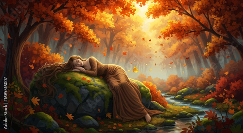 Illustration Vector SVG Design of Woman Sleeping on Rock in Autumn Forest with Falling Leaves Orange and Brown Tones Detailed Art