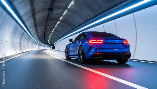 Sleek Blue Car Speeding Through Illuminated Tunnel with Modern Transportation Concept.