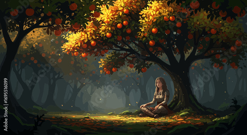 Illustration Vector SVG of Woman Sitting Under Tree with Oranges in Autumn Forest Scene
