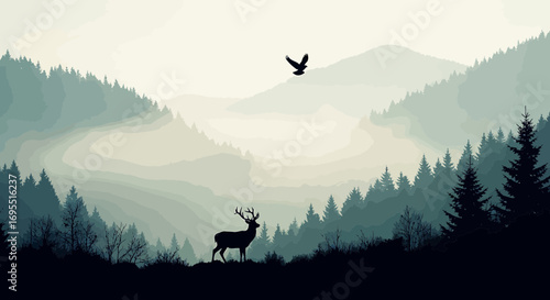 Vector SVG Illustration of Forest Landscape with Deer and Bird Silhouette in Minimalist Style