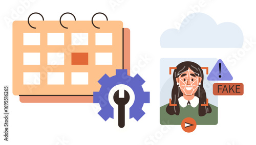 Calendar with gear indicating planning alongside AI face-recognition system flagging deepfake content. Ideal for technology, cybersecurity, AI systems, safety, planning, innovation, awareness. Simple