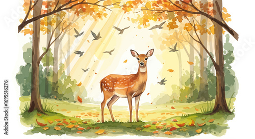 Illustration Vector SVG of Deer in Autumn Forest with Trees and Birds Colorful Design
