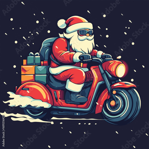 Fast delivery of gifts for New Year and Christmas. Santa Claus rides a cyber motorcycle. Hurry up for discounts and special offers. , vector style simple color