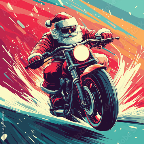 Fast delivery of gifts for New Year and Christmas. Santa Claus rides a cyber motorcycle. Hurry up for discounts and special offers. , vector style simple color