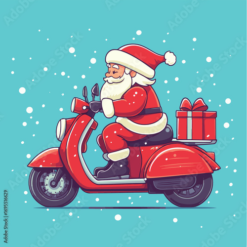 Fast delivery of gifts for New Year and Christmas. Santa Claus rides a cyber motorcycle. Hurry up for discounts and special offers. , vector style simple color