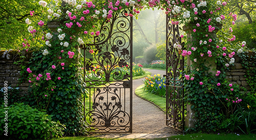 Ornate wrought iron garden gate covered in blooming pink and white roses, leading to a path