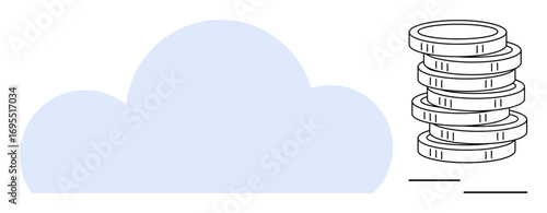 Cloud icon next to stacked coins highlights online data storage, financial technology, digital savings, or cloud-based business solutions. Ideal for tech, economy, finance, savings, investment