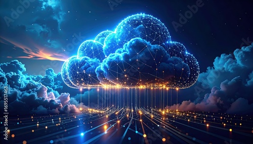 A large, glowing, interconnected cloud formation hangs above a network of digital pathways at twilight, showcasing a conceptual representation of cloud computing.